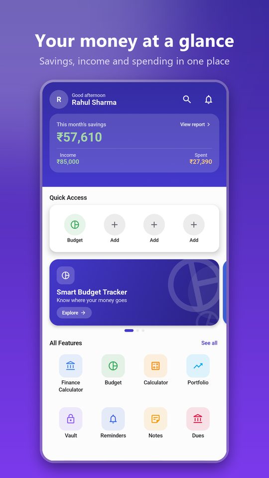 Dashboard with savings, income and spending